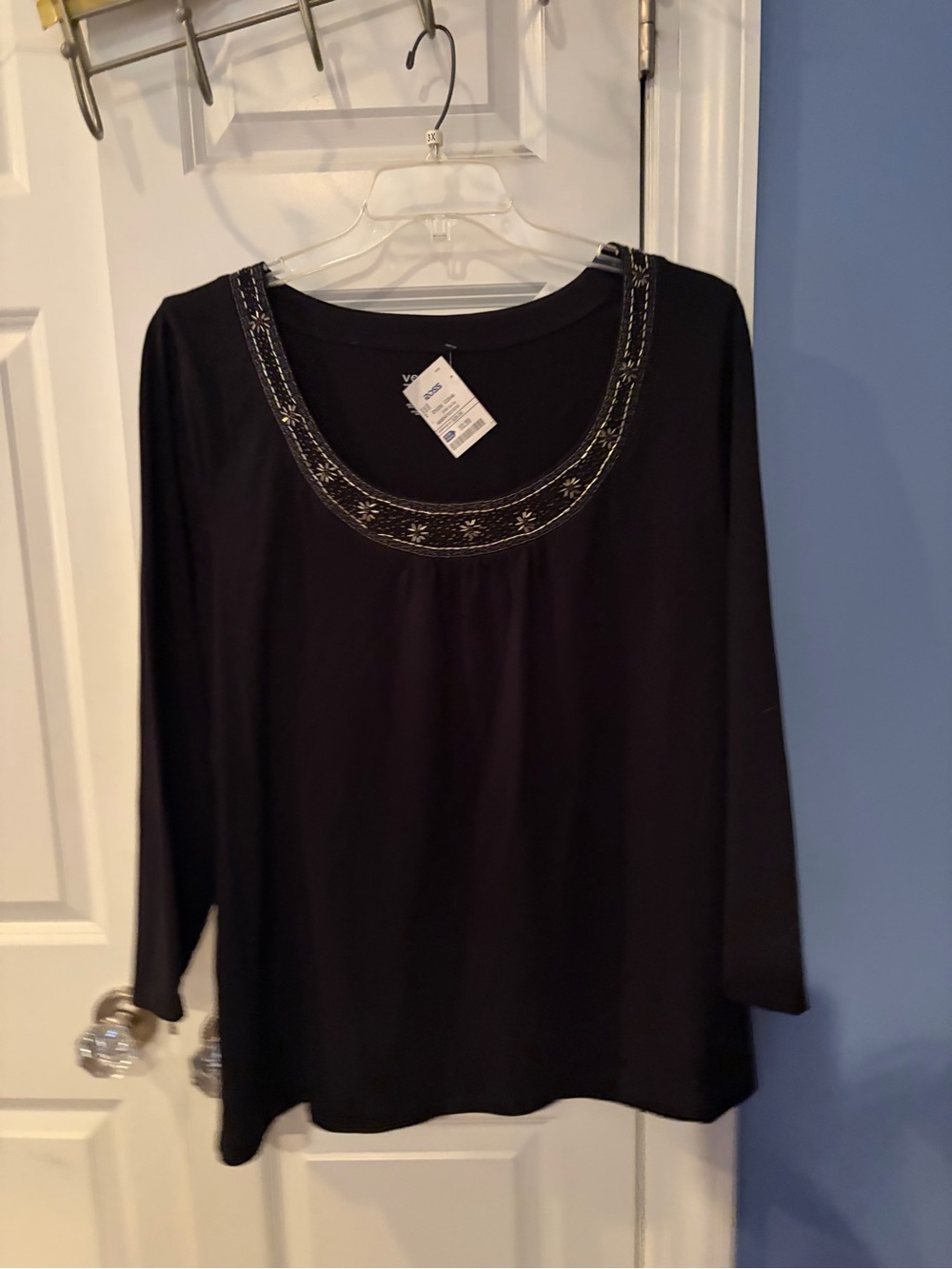 Venezia Black Long-Sleeve Top with Embellished Scoop Neck